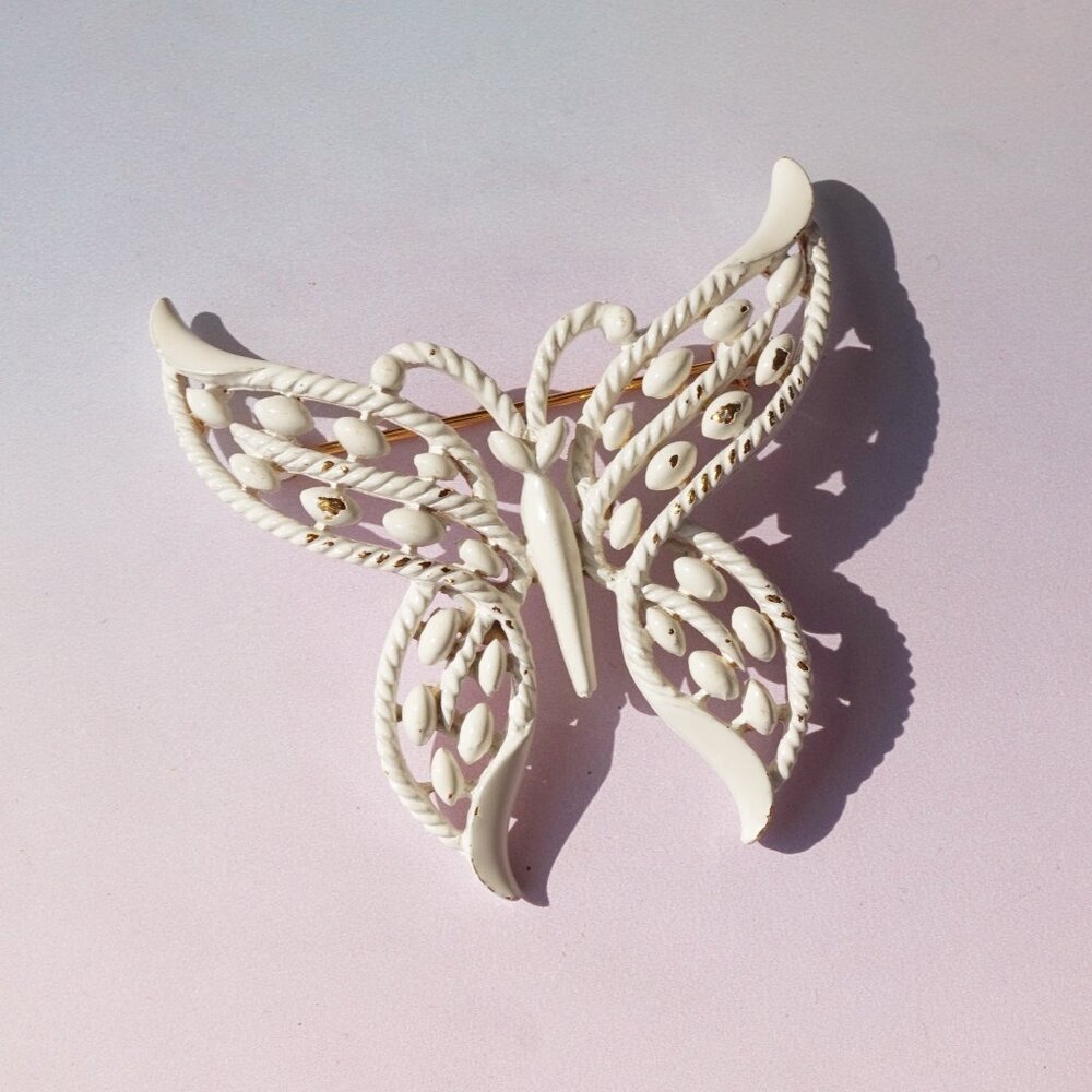 Vintage 1960s White Enamel Butterfly Brooch